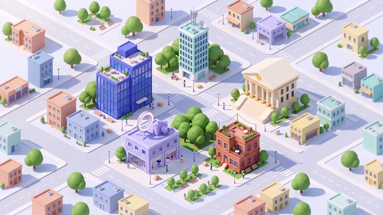 An isometric city with creator studios, offices, shops and green parks in the Clouted District